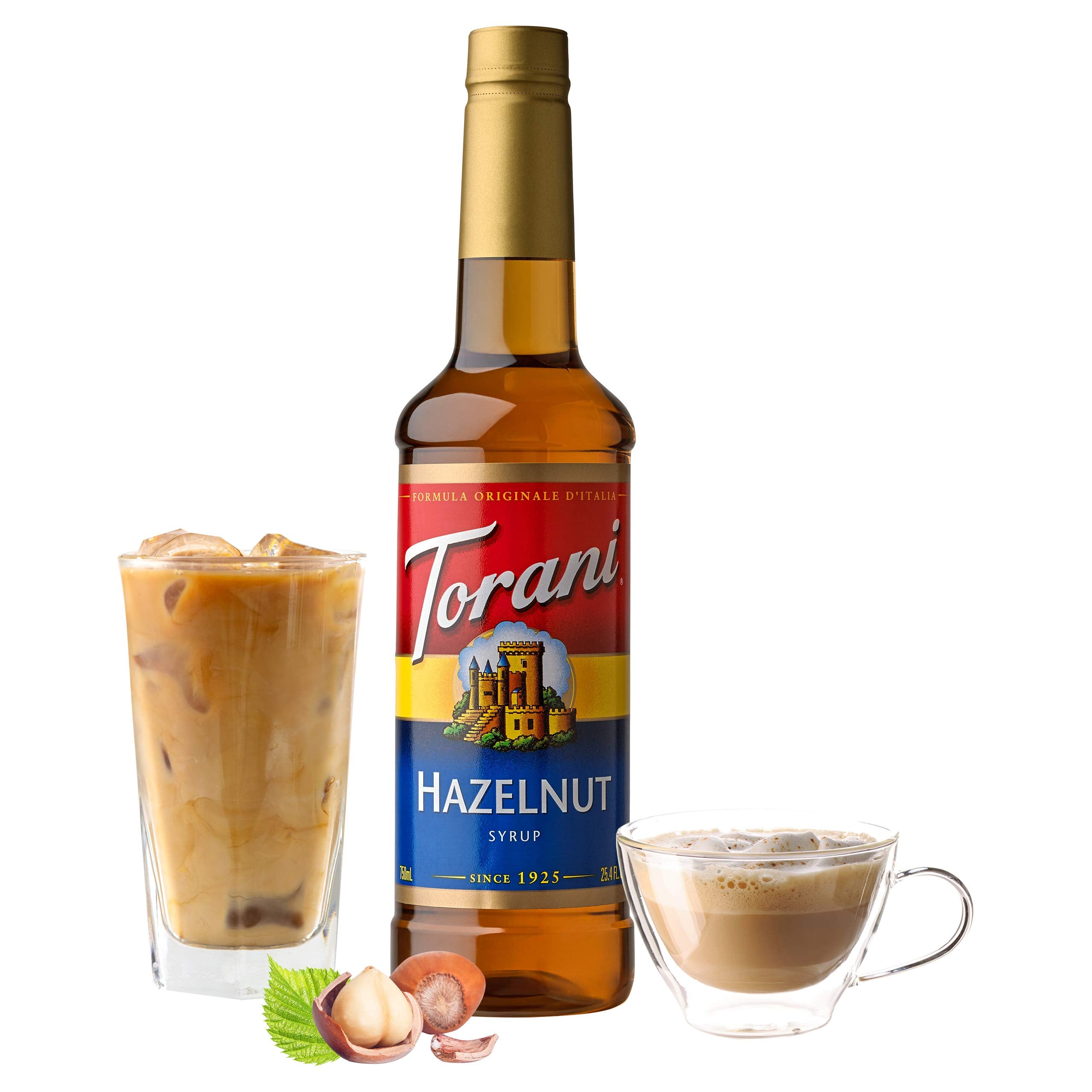 Torani Hazelnut Syrup on cafe setup with coffee setup