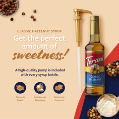 Torani hazelnut syrup being poured from the pump for a drink.