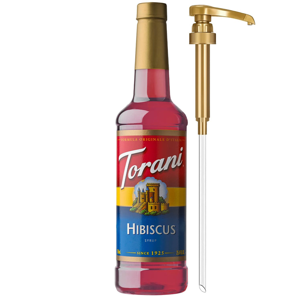 Torani Hibiscus Syrup bottle with pump for mess-free sweetness