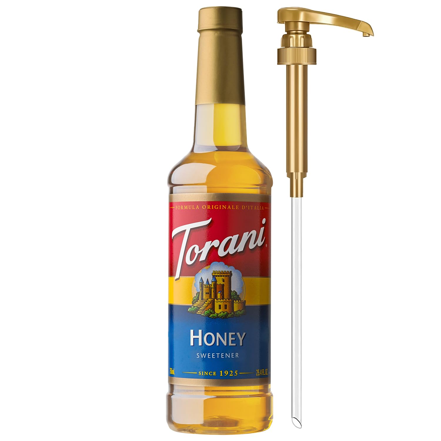 Torani Honey Sweetener bottle smooth pour for tea and desserts.