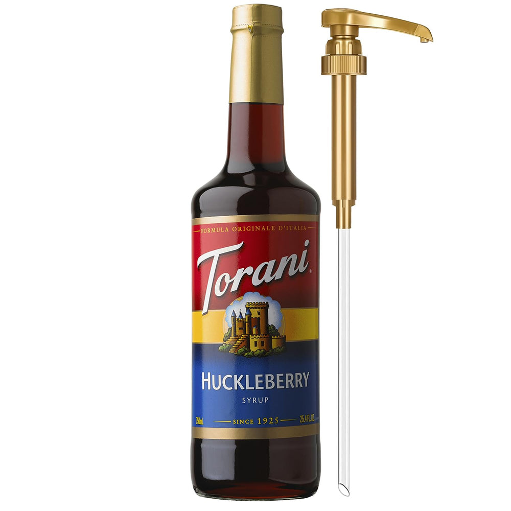 Torani Huckleberry Syrup bottle with pump for easy, mess-free flavoring