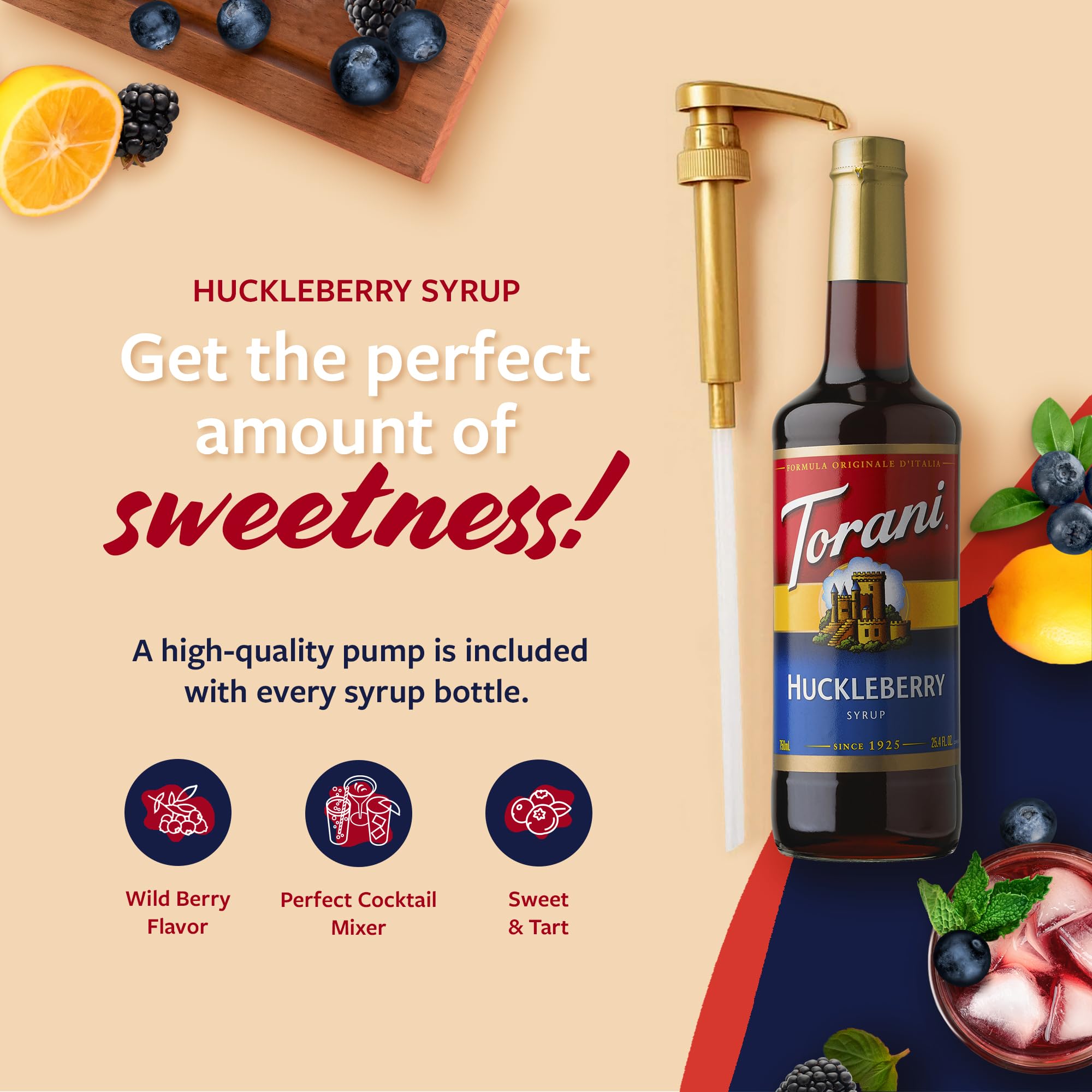 Torani Huckleberry Syrup in iced tea glass for berry brightness