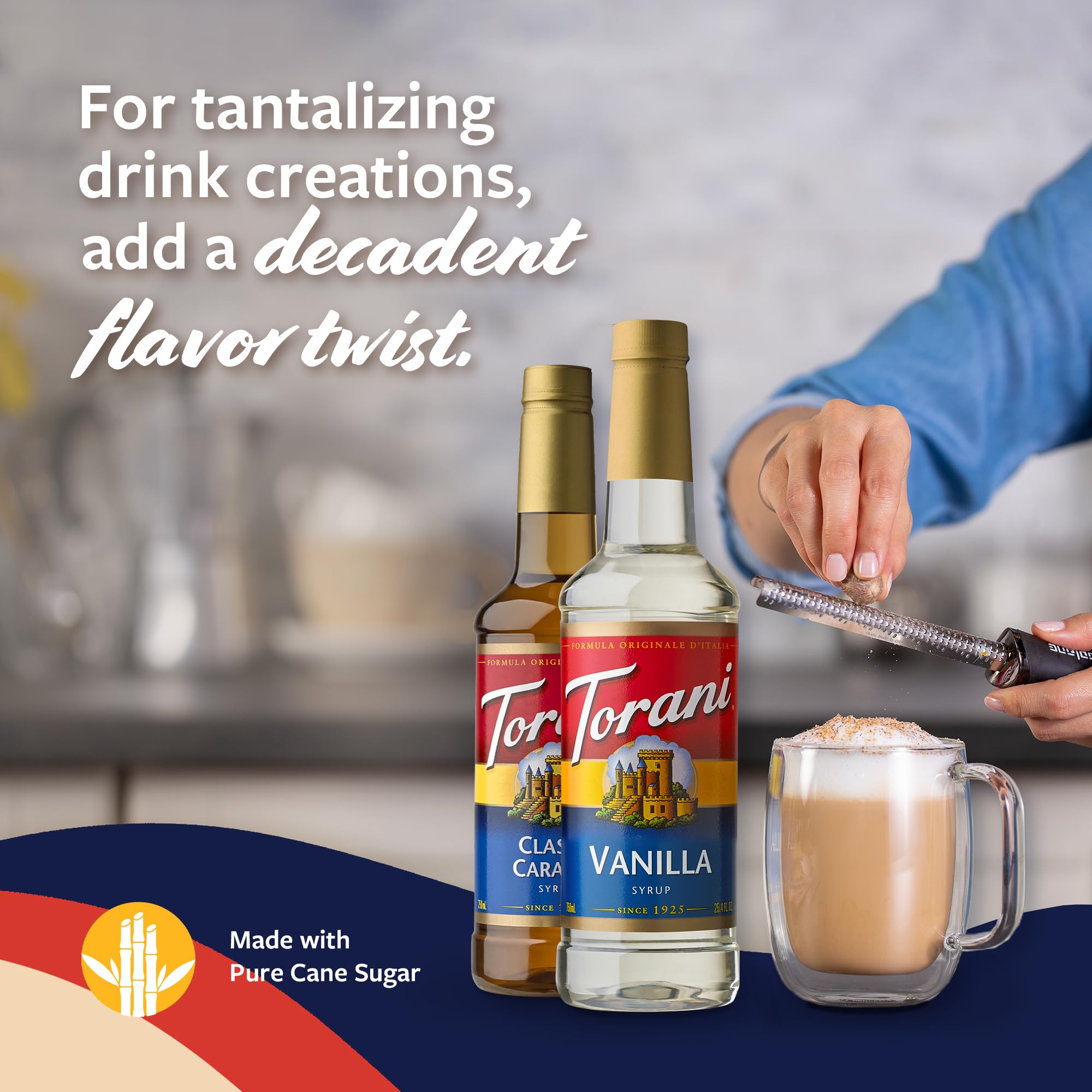 Torani iced latte with syrup showcases smooth sweetness and aroma.