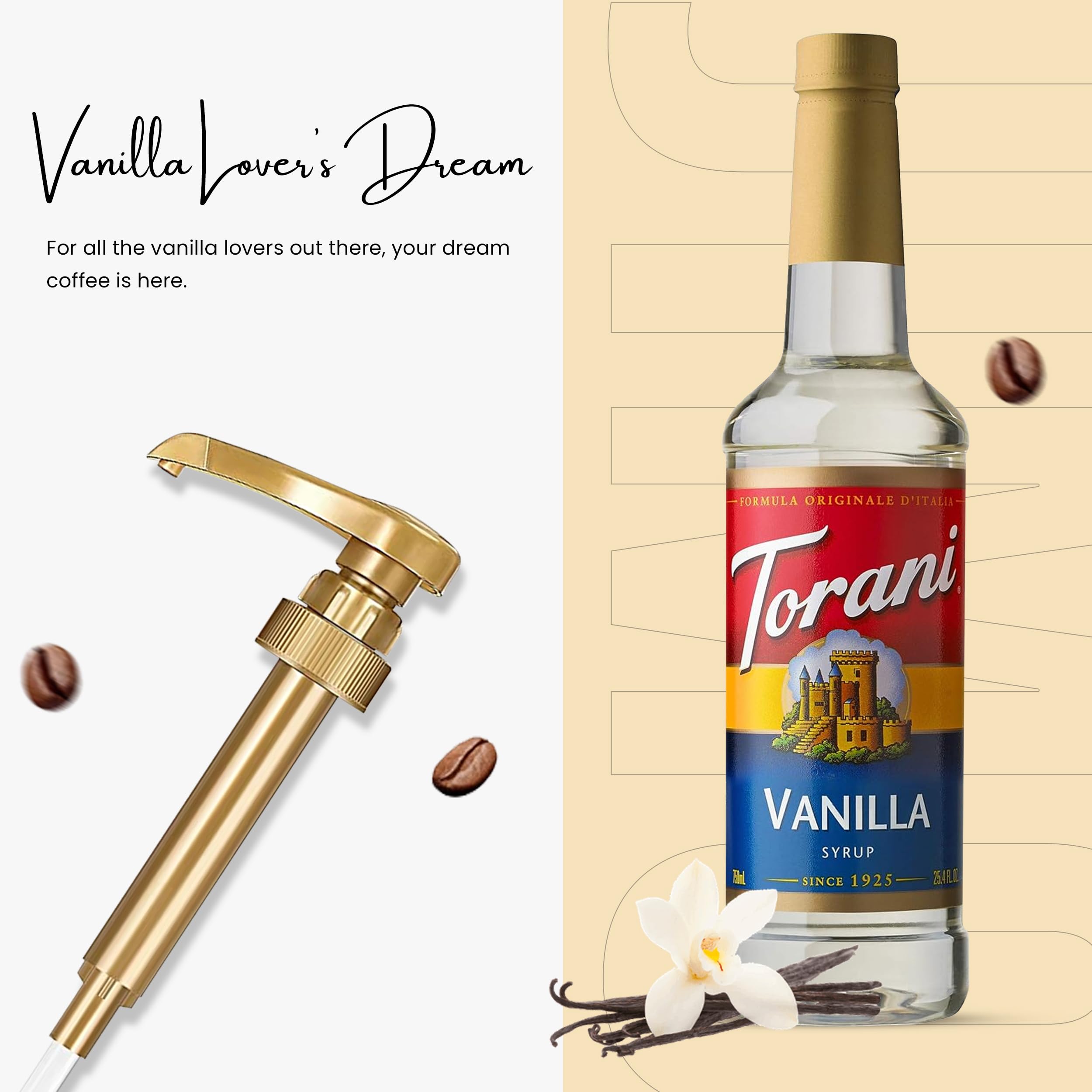Beverage station with Torani vanilla syrup ready for iced teas.