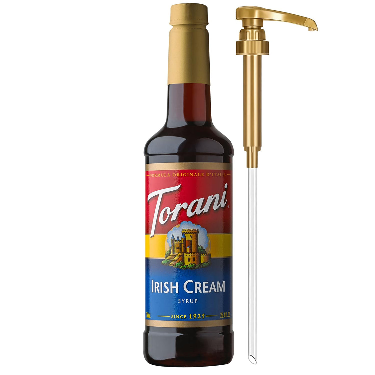 Torani Irish Cream Syrup bottle with pump for easy, mess-free use.