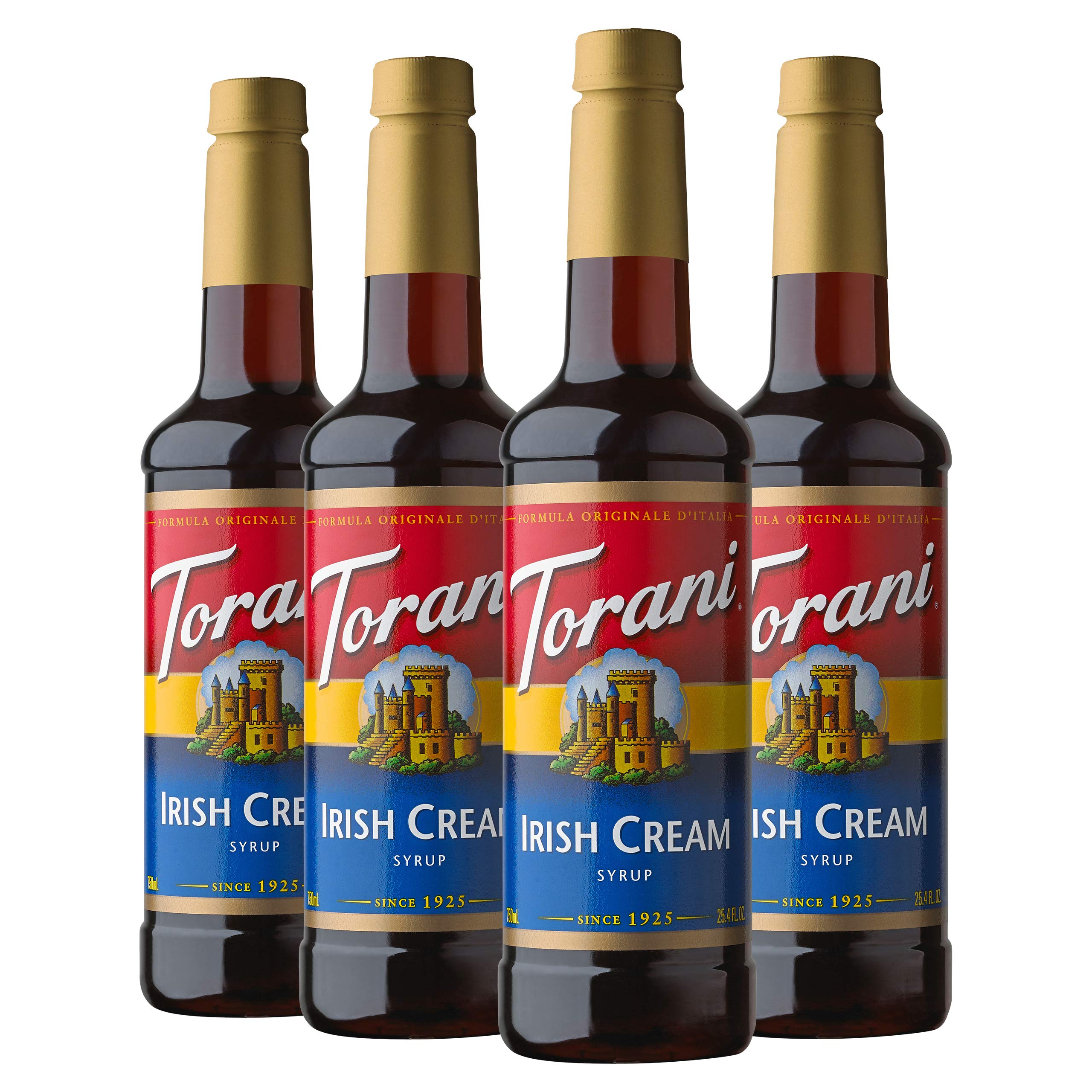 Torani Irish Cream syrup bottle adds authentic flavor to coffees and desserts.