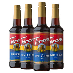 Torani Irish Cream syrup bottle adds authentic flavor to coffees and desserts.