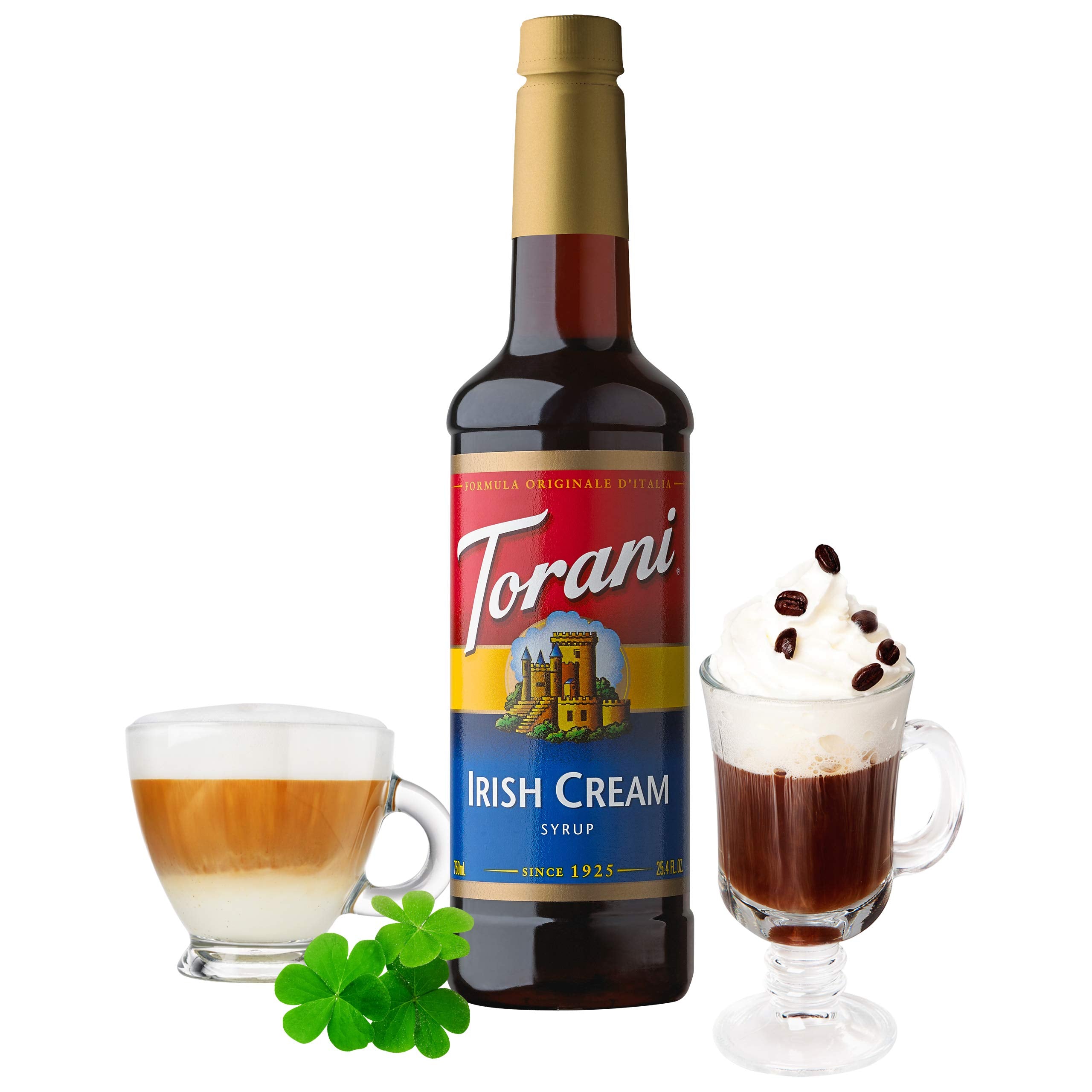 Torani Irish Cream syrup coffee cup close-up highlights smooth vanilla undertones.