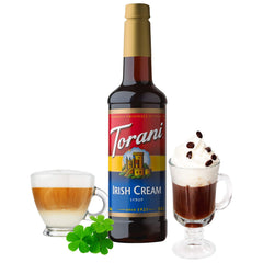 Torani Irish Cream syrup coffee cup close-up highlights smooth vanilla undertones.