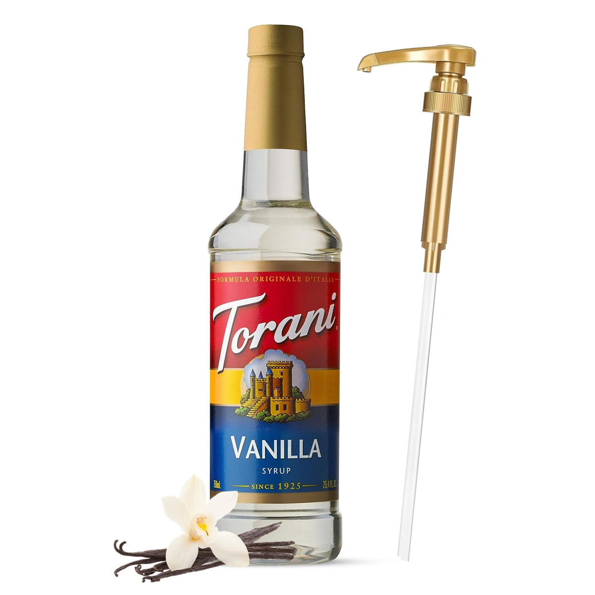 Torani Jimoco syrup pump dispenser assembly for precise, mess-free portions.