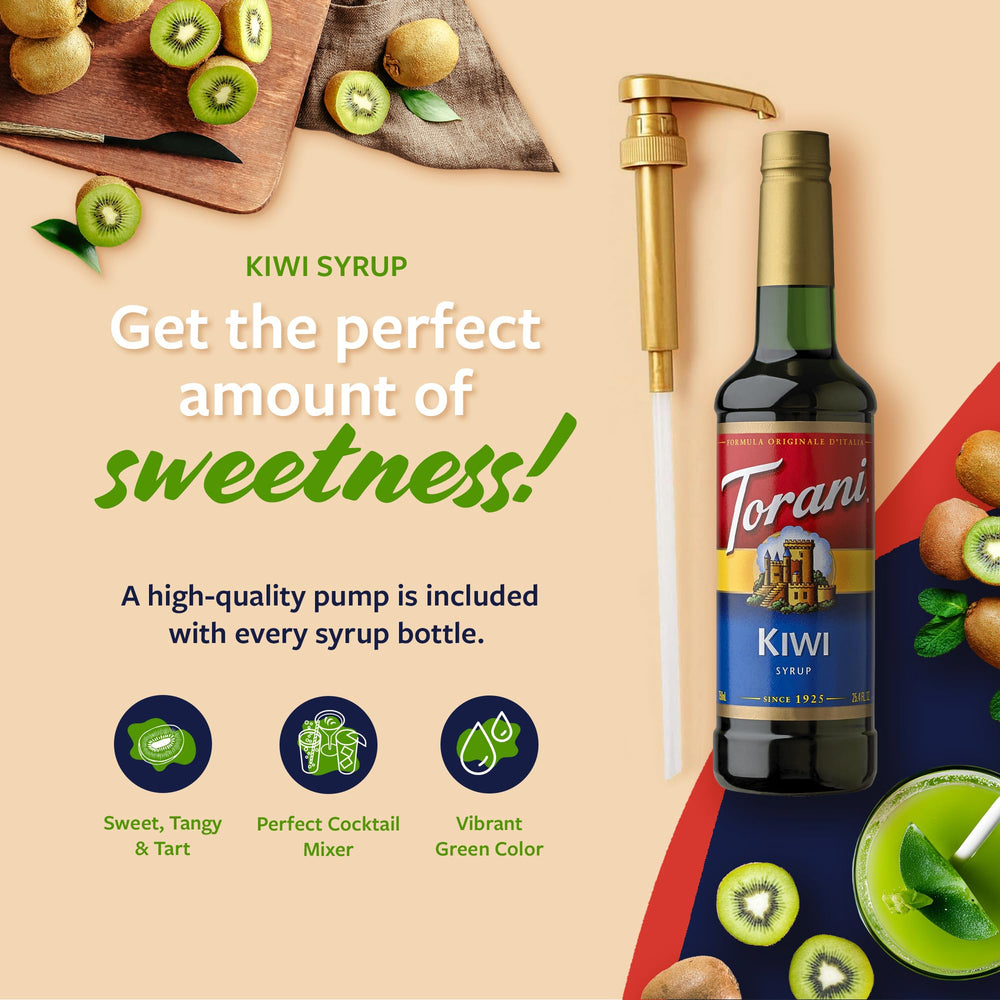 Torani Kiwi Syrup bottle beside fresh kiwifruit for recipe inspiration.
