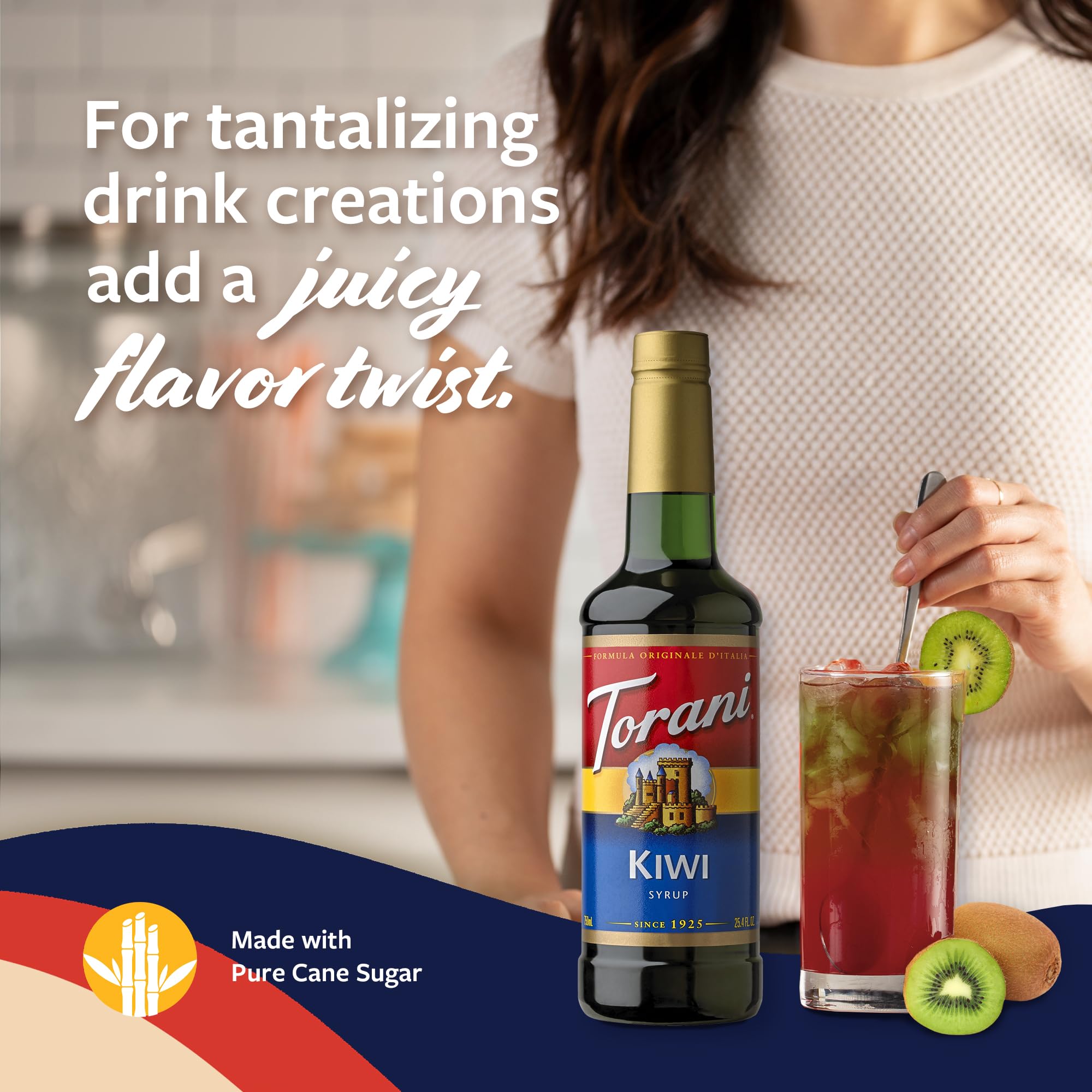 Torani Kiwi Syrup on iced tea setup, ready to flavor.
