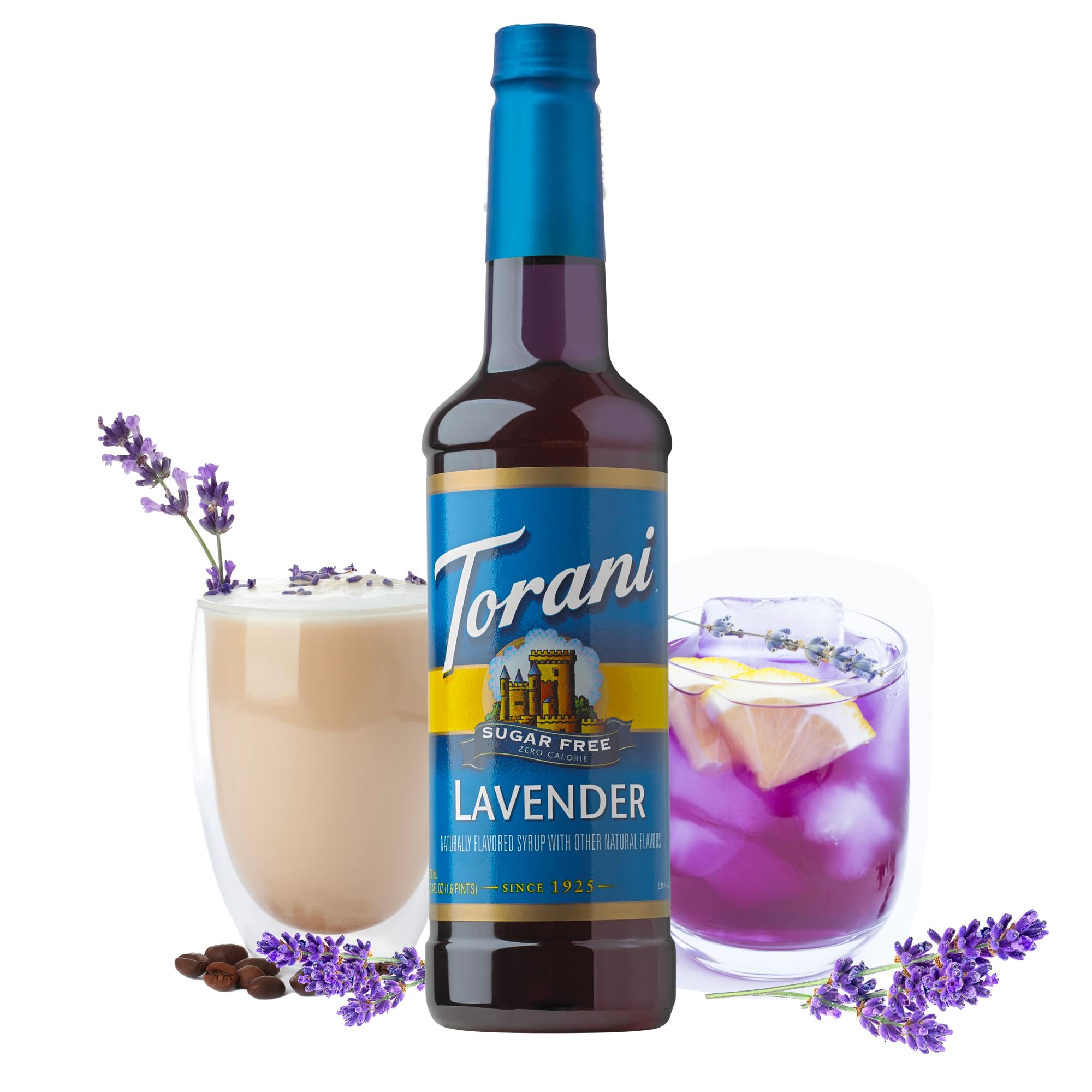 Torani Lavender Sugar Free Syrup latte pour, a low-calorie flavor boost.