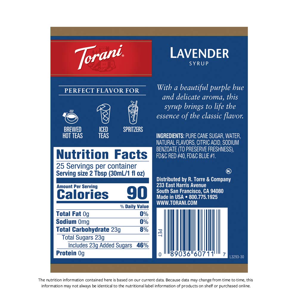 Torani Lavender Syrup being poured over tea, perfect for lattes and iced drinks.