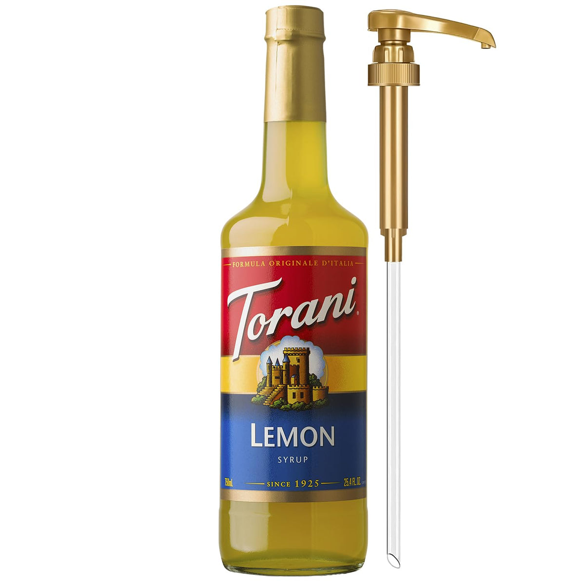 Torani Lemon Syrup bottle with pump for easy, mess-free sweetening at home.