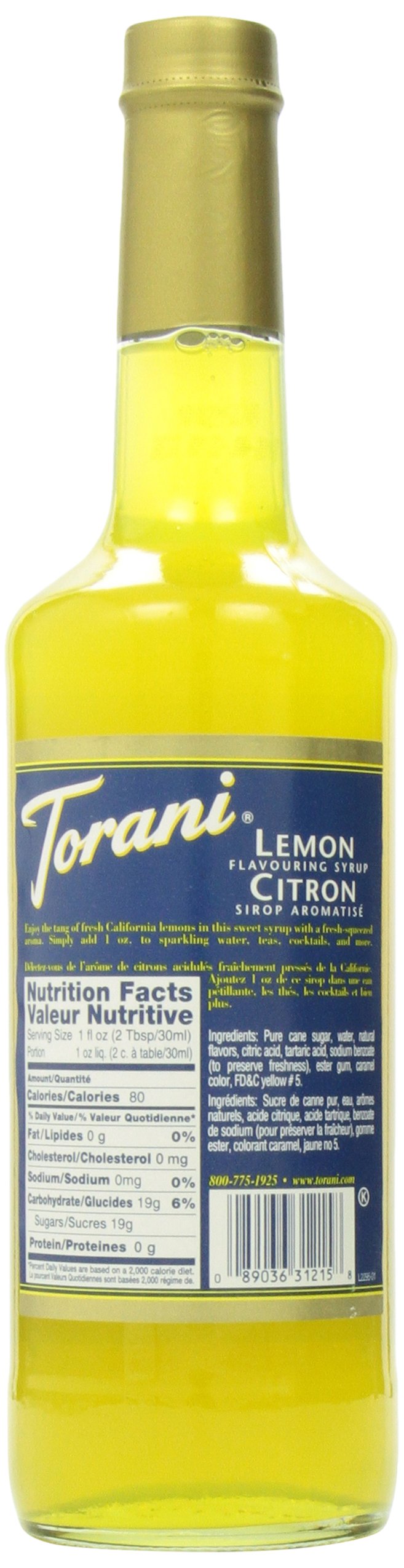 Torani Lemon Syrup pouring into a glass to flavor coffee or tea