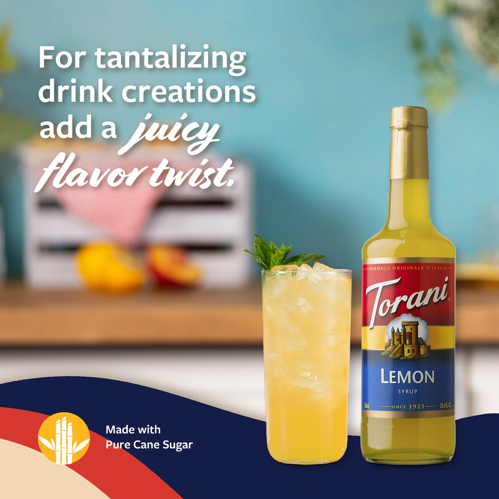 Torani Lemon Syrup added to sparkling water for a refreshing citrus fizz.