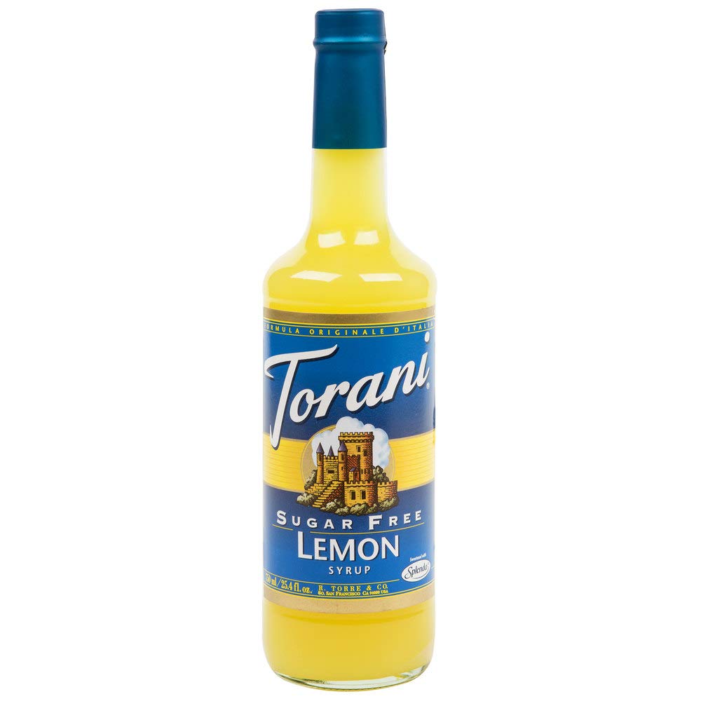 Torani Lemon Syrup Sugar Free bottle adds sugar-free lemon flavor to lattes.