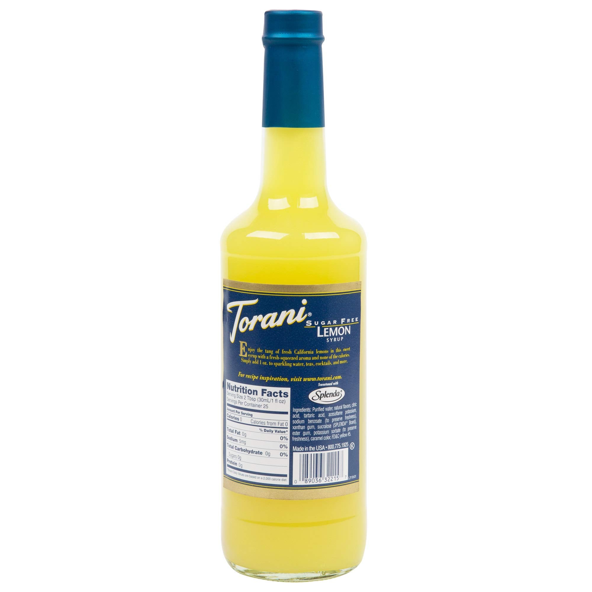 Torani Lemon Syrup Sugar Free being poured into coffee for bright, sugar-free lemon taste.