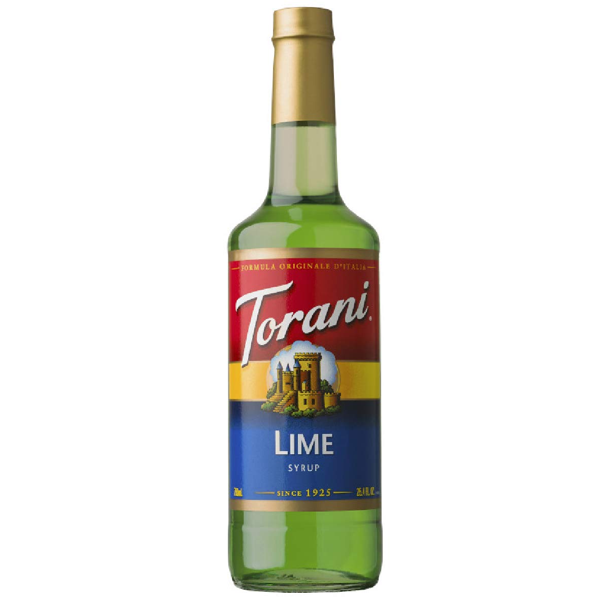 Torani Lime Syrup bottle closeup showing all-natural flavor for cocktails.