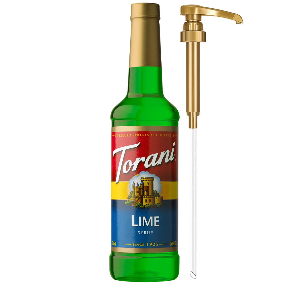 Torani Lime Syrup bottle on counter for quick flavor boosts in drinks.