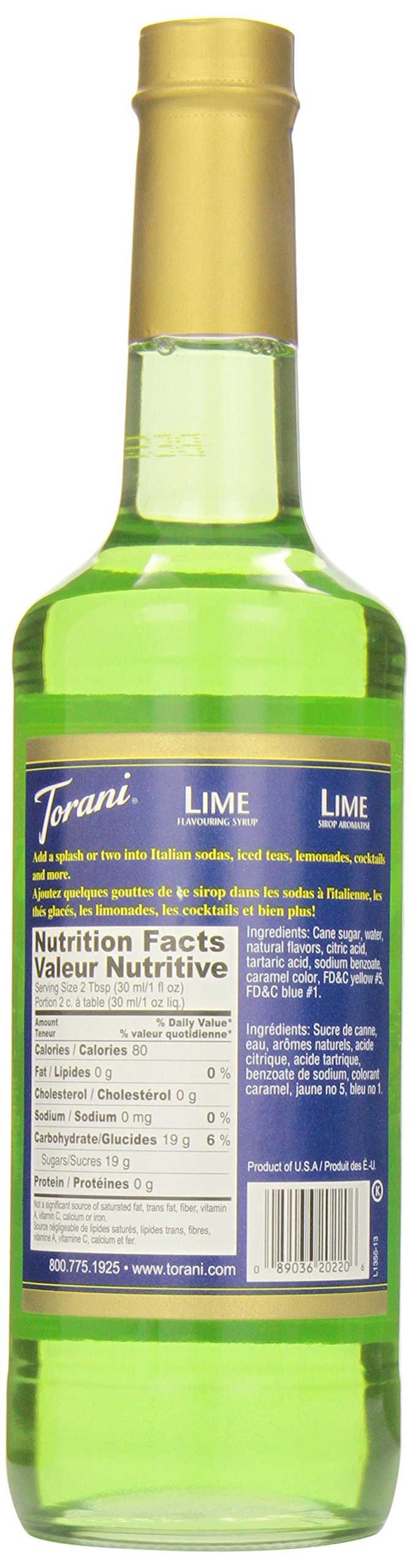 Torani Lime Syrup in sparkling soda with bubbles.