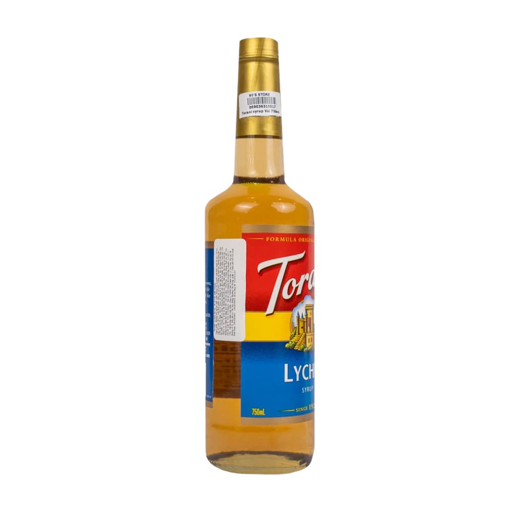 Torani Lychee Syrup bottle on counter ready to use.