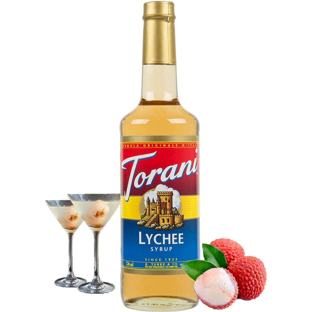 Torani Lychee Syrup glass bottle close-up, premium flavor for drinks.