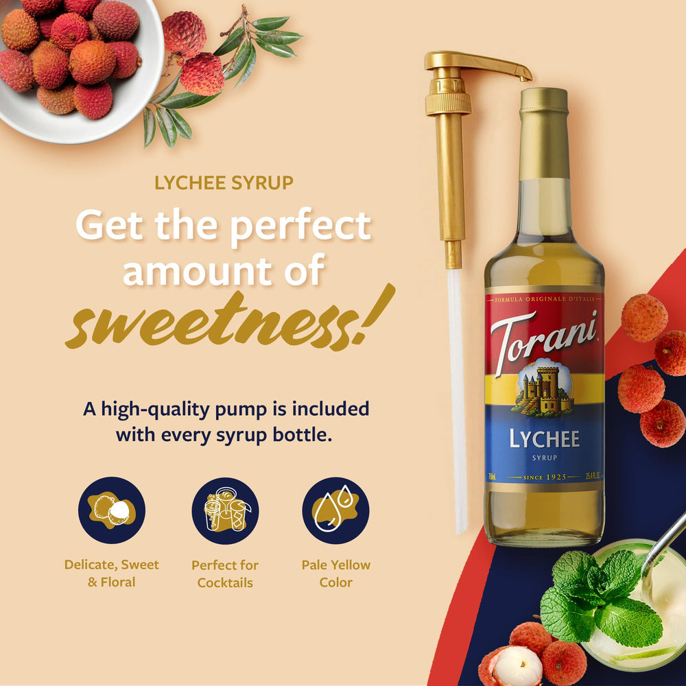 Torani Lychee Syrup being poured into a glass for a refreshing drink