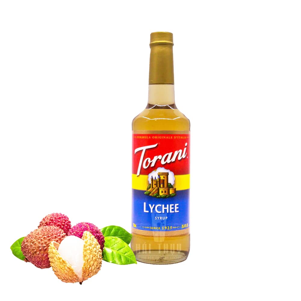 Pouring Torani Lychee Syrup into a refreshing beverage.
