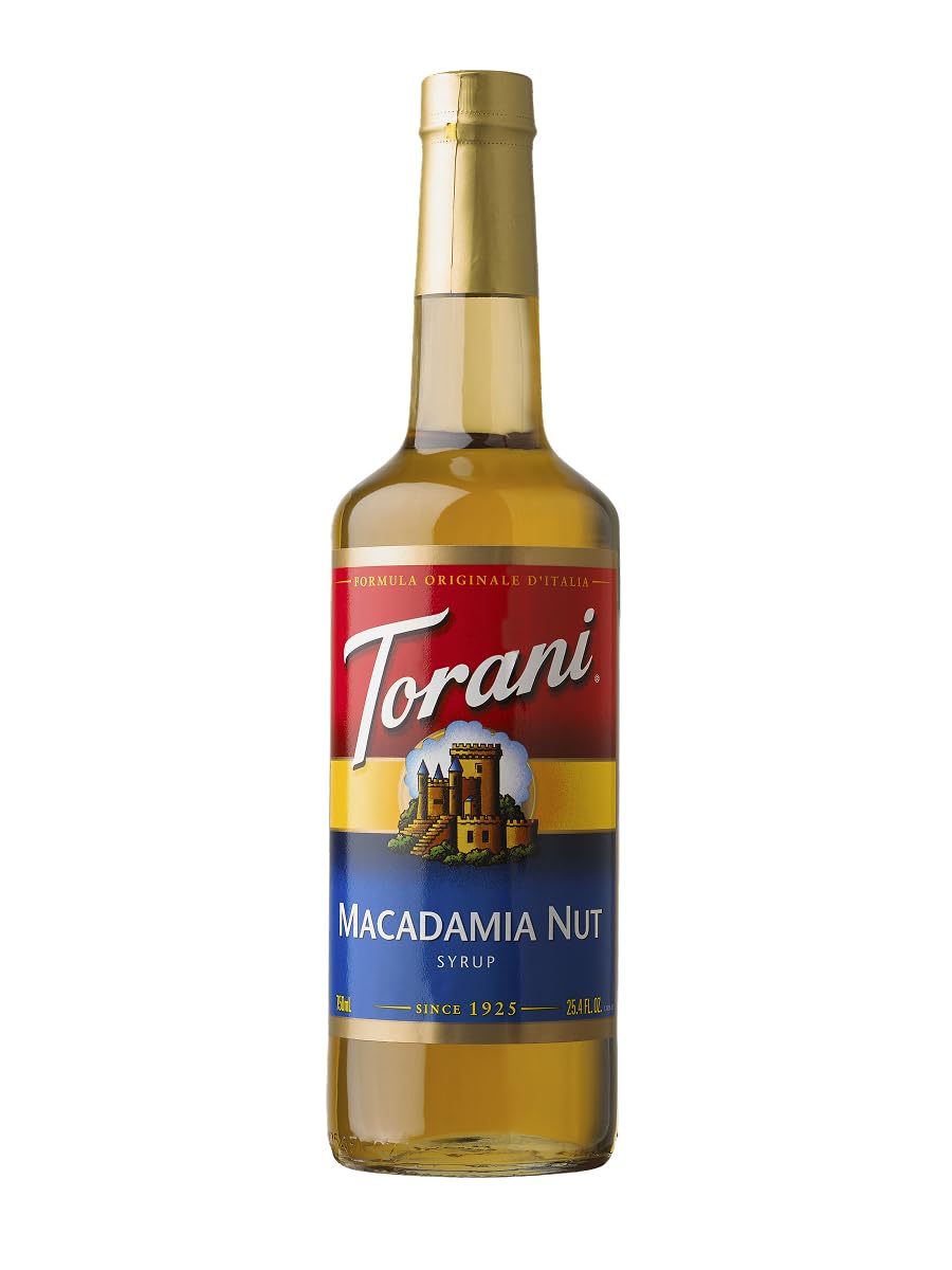 Torani Macadamia Nut Syrup bottle adds creamy, nutty sweetness to coffee.