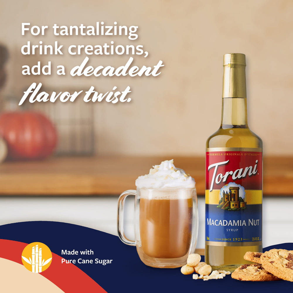Label close-up of Torani Macadamia Nut Syrup for premium flavor.