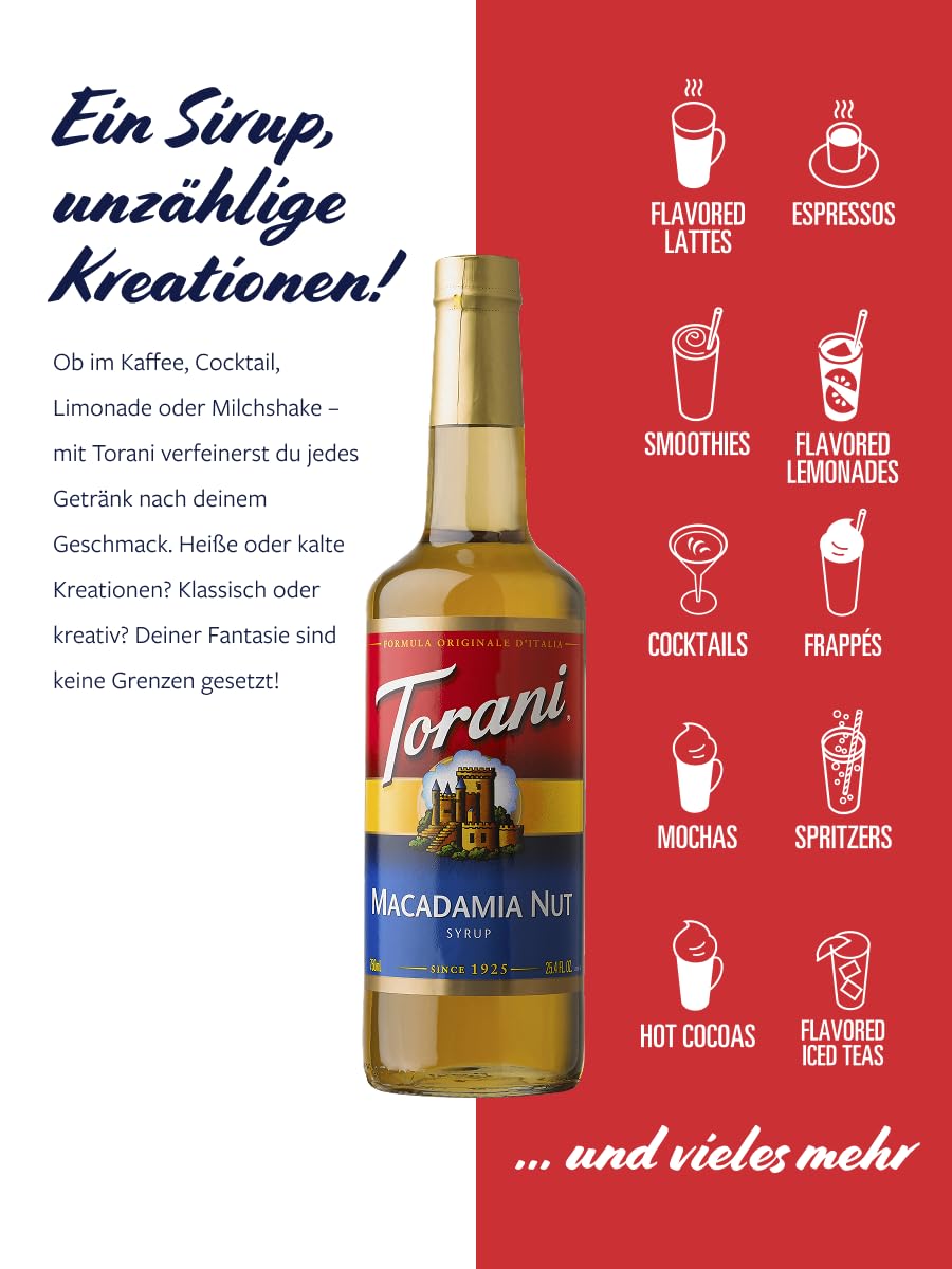 Pouring Torani Macadamia Nut Syrup into coffee creates a silky finish.