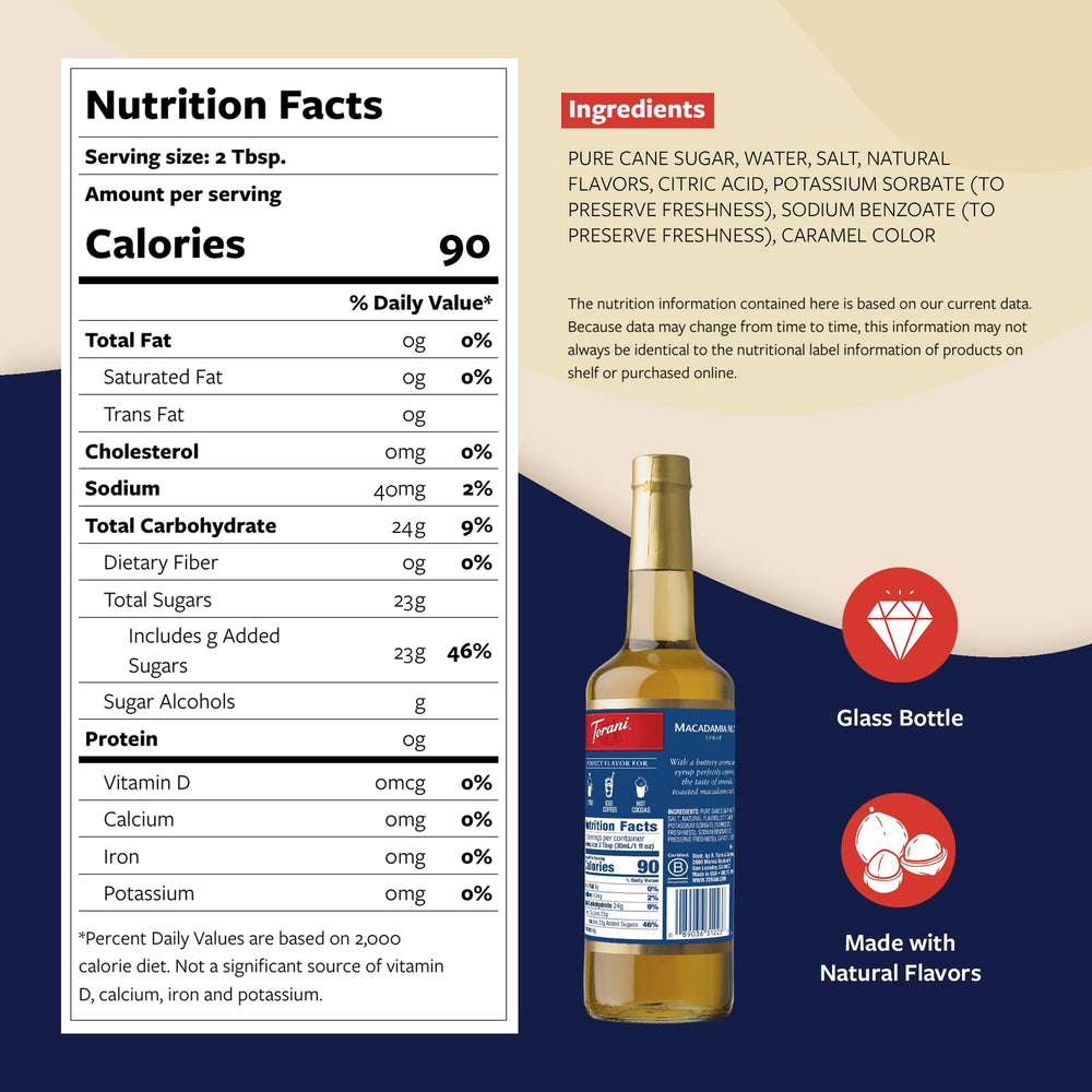 Torani Macadamia Nut Syrup pours into a coffee for rich flavor.