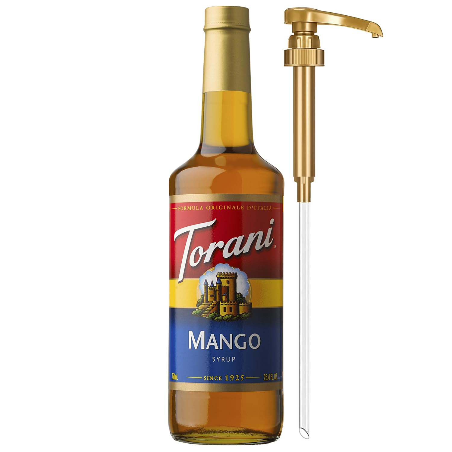 Torani Mango Syrup bottle with pump for easy, mess-free flavoring.