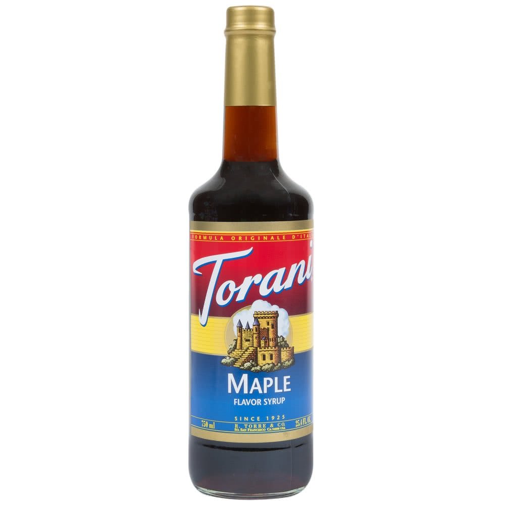 Torani Maple Syrup bottle 750ml on kitchen counter, ideal for pancakes and coffee