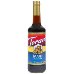 Torani Maple Syrup bottle 750ml on kitchen counter, ideal for pancakes and coffee