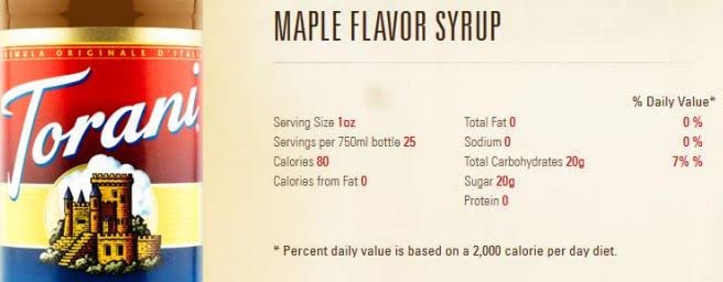 Torani Maple Syrup label close-up highlights authentic maple flavor