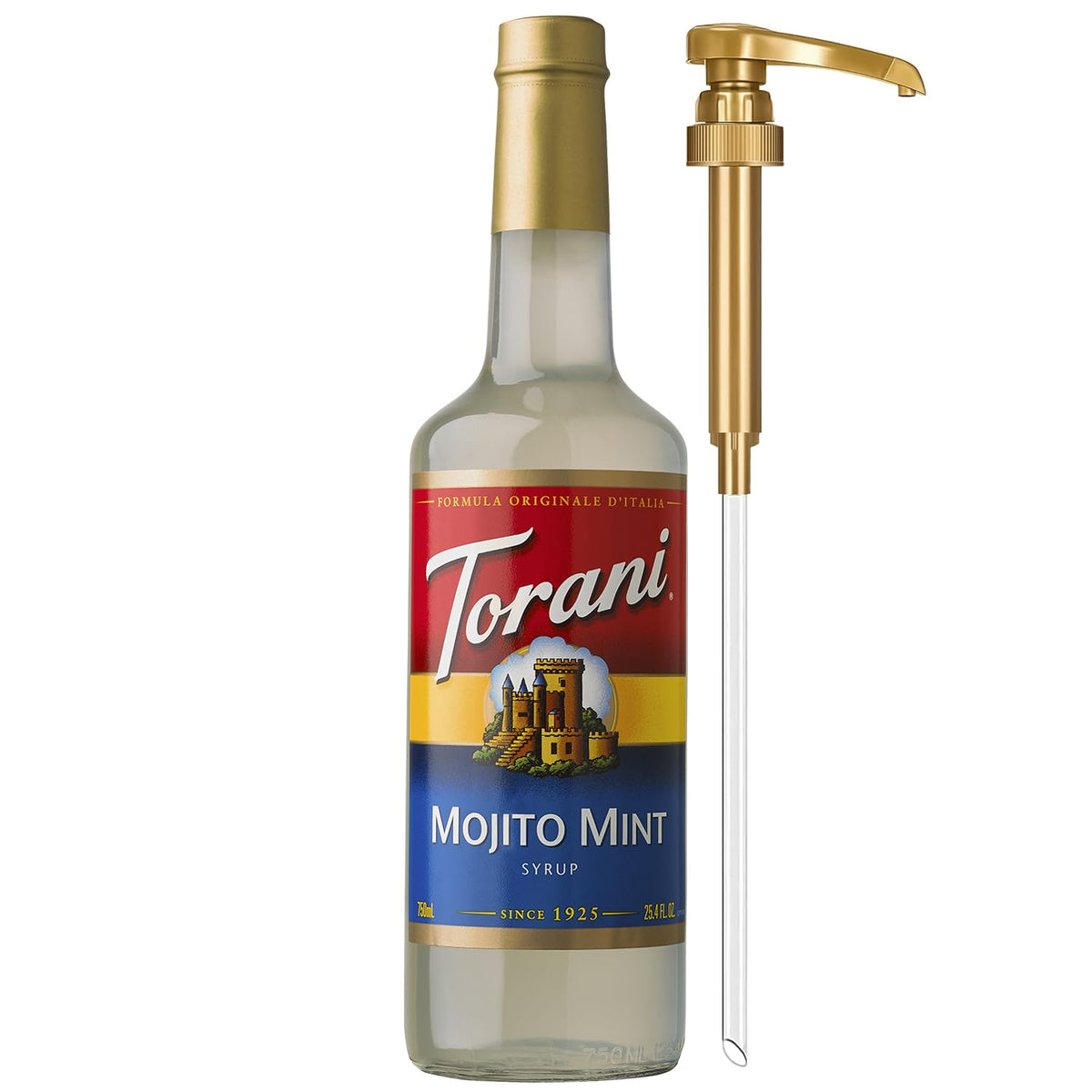 Torani Mojito Mint Syrup bottle with pump for quick, mess-free flavoring at home.