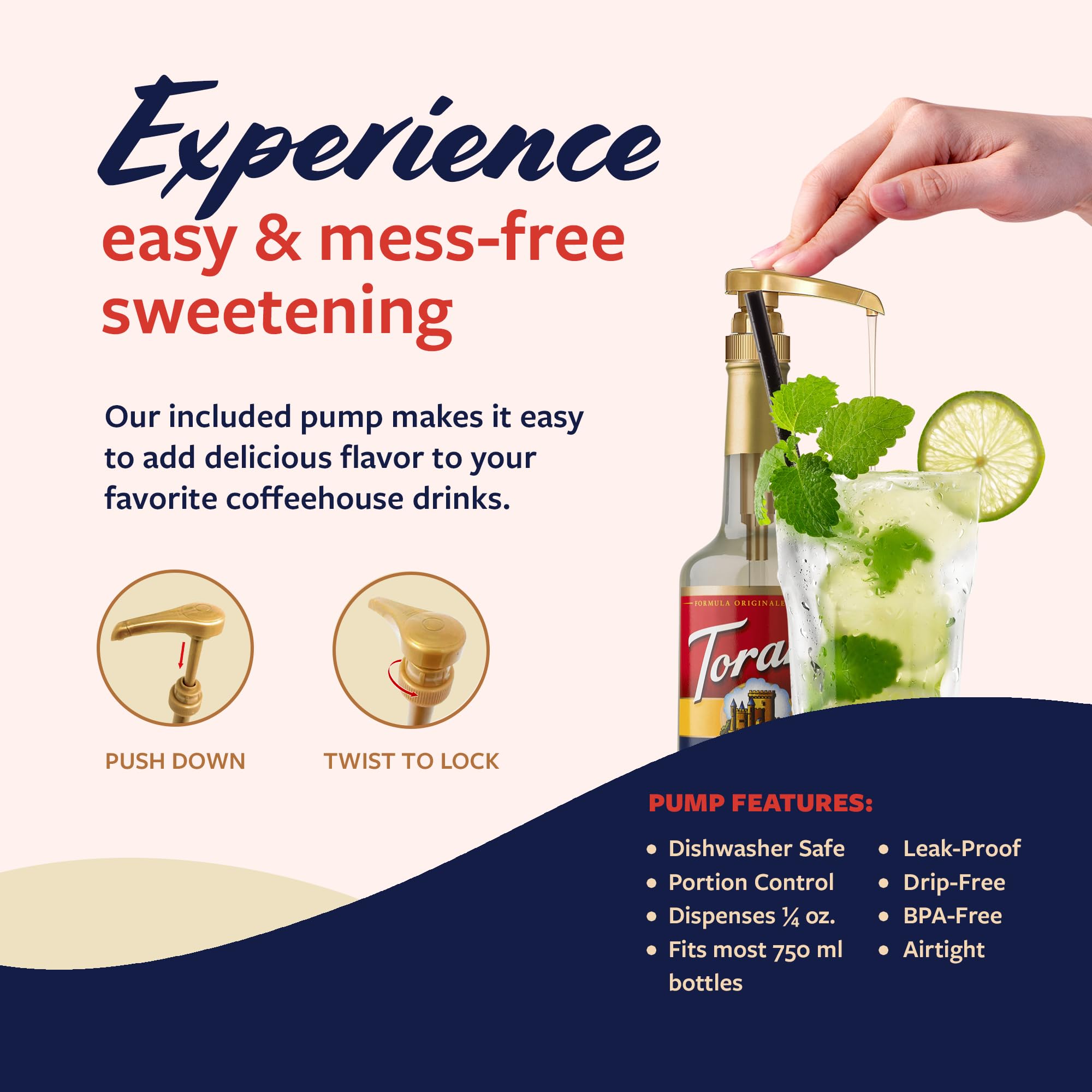 Torani Mojito Mint Syrup in glass bottle used in cafes for craft beverages.