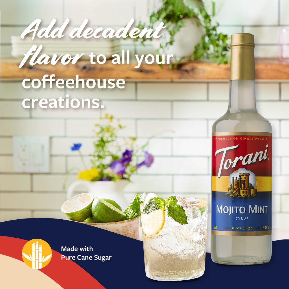 Glass bottle of Torani Mojito Mint Syrup on kitchen counter ready to use.