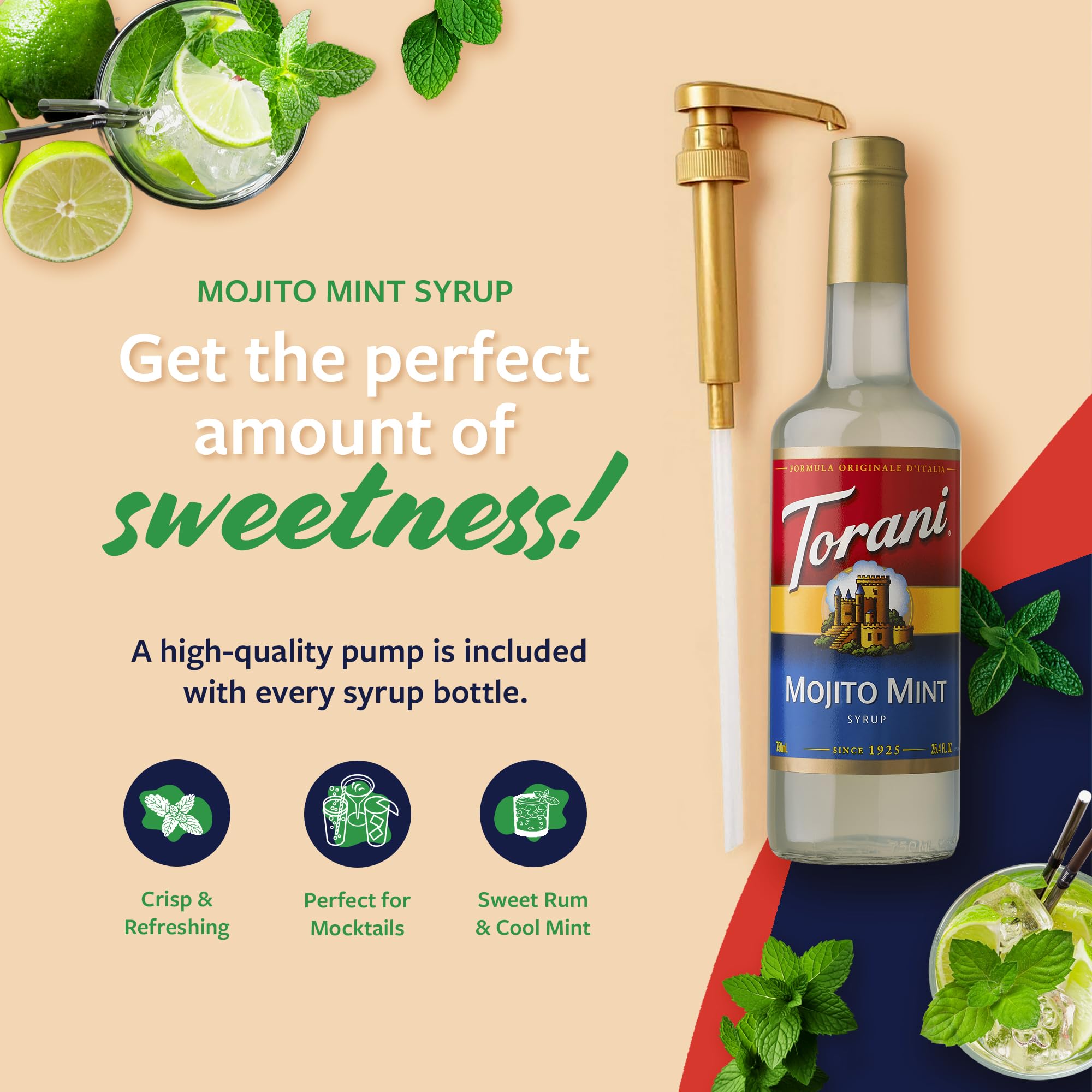 Pouring pump dispensing Torani Mojito Mint Syrup for easy serving.