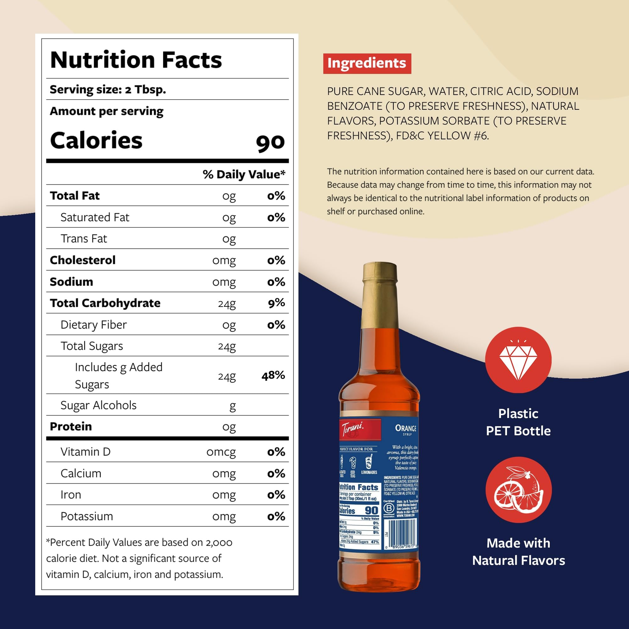 Torani Orange Syrup 750 ml bottle on the counter, ideal for home use
