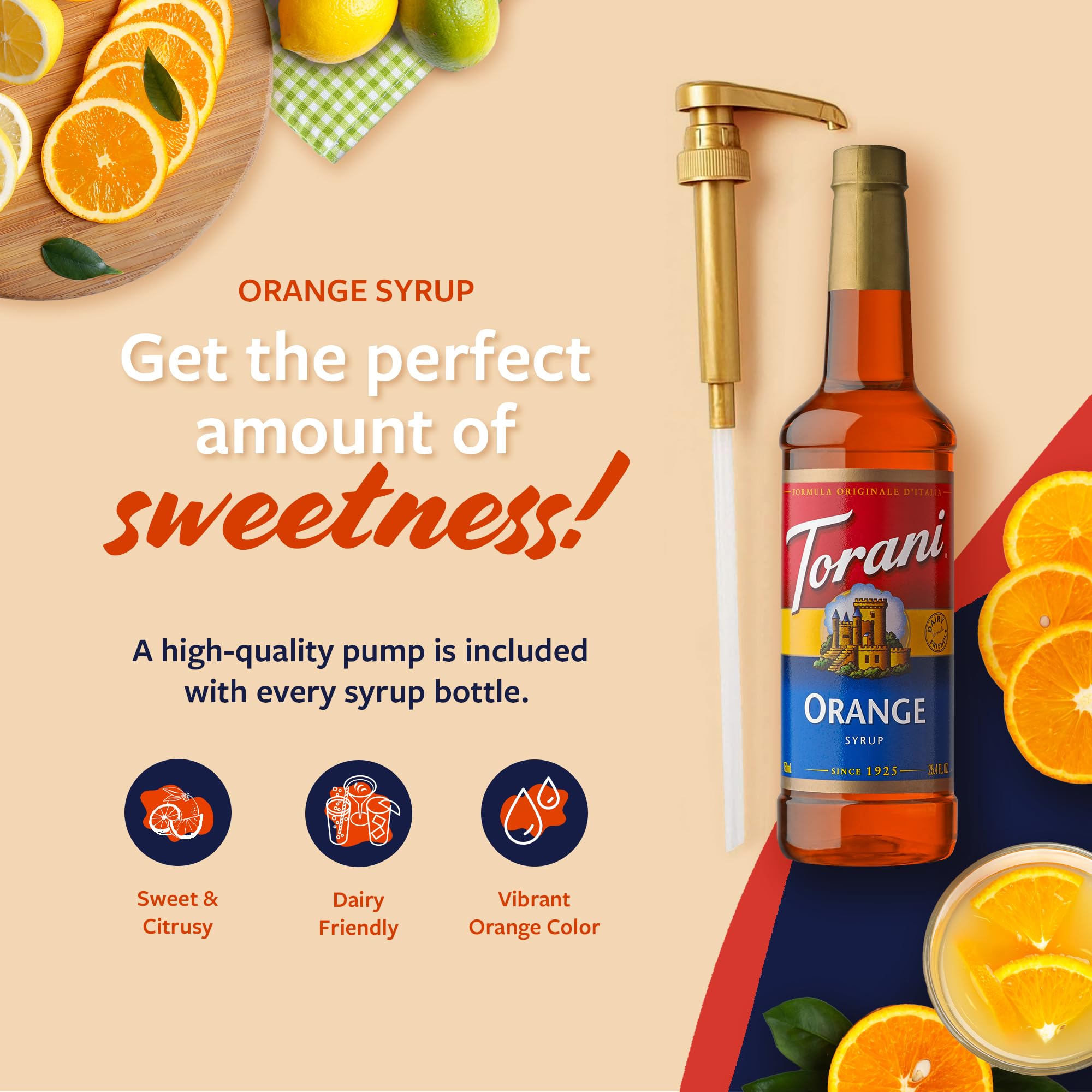 Torani Orange Syrup as a dairy-friendly option for creamy beverages.