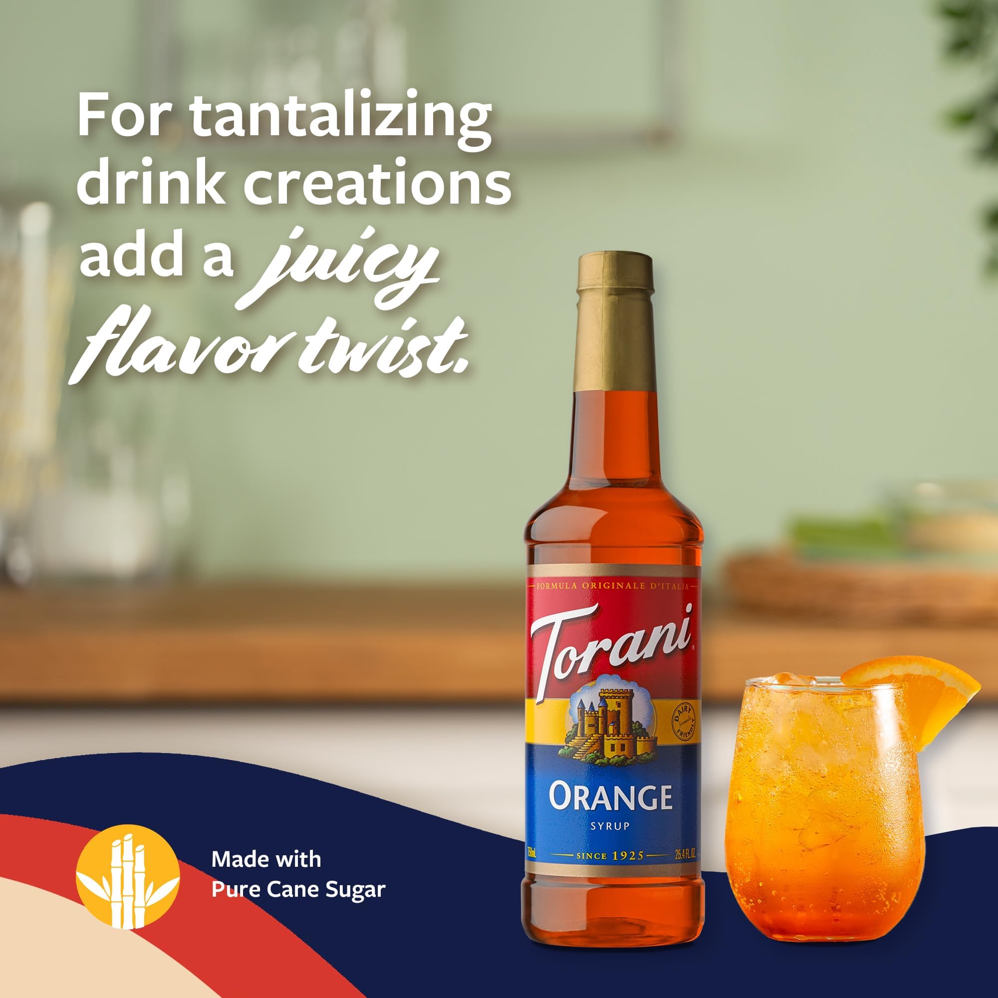 Torani Orange Syrup pouring over a milkshake for a citrus twist