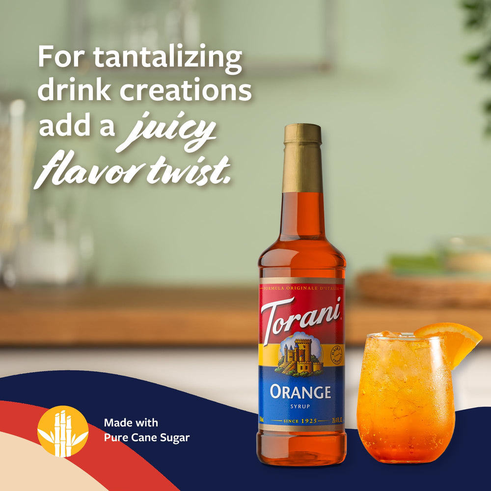Torani orange syrup pour setup showing precise dosing for consistent sweetness.