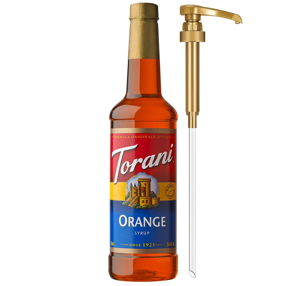 Torani Orange Syrup with Pump shown for easy, mess-free flavoring in drinks.