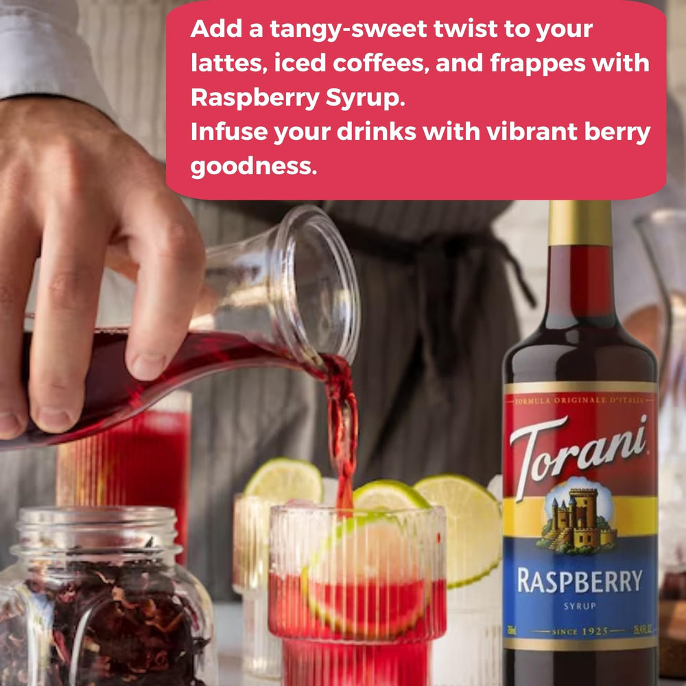 Torani pantry syrup bottle setup on shelf for easy access.