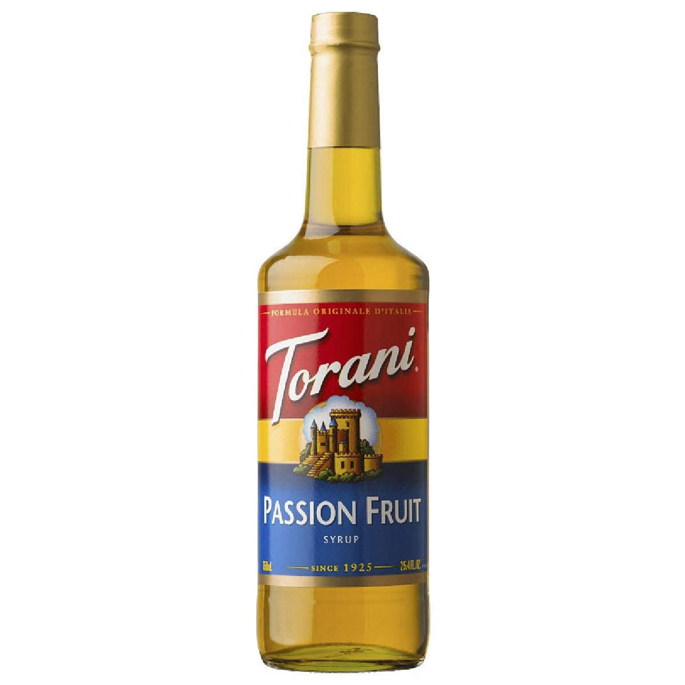 Torani Passion Fruit Syrup bottle adds tropical flavor to beverages.