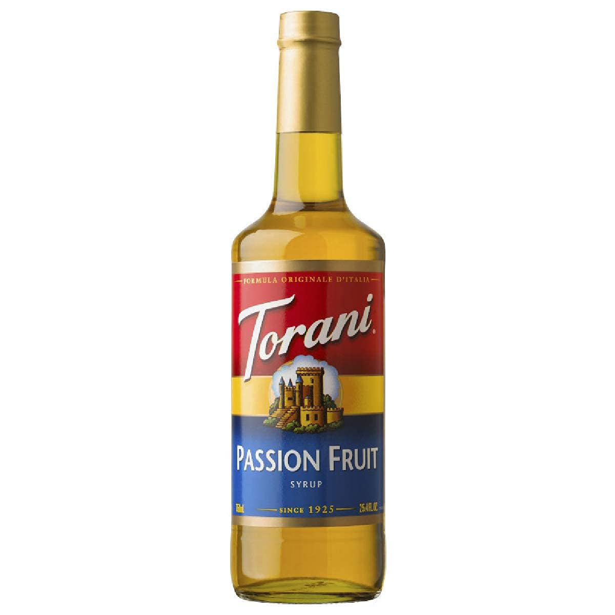Torani Passion Fruit Syrup bottle adds tropical flavor to beverages.
